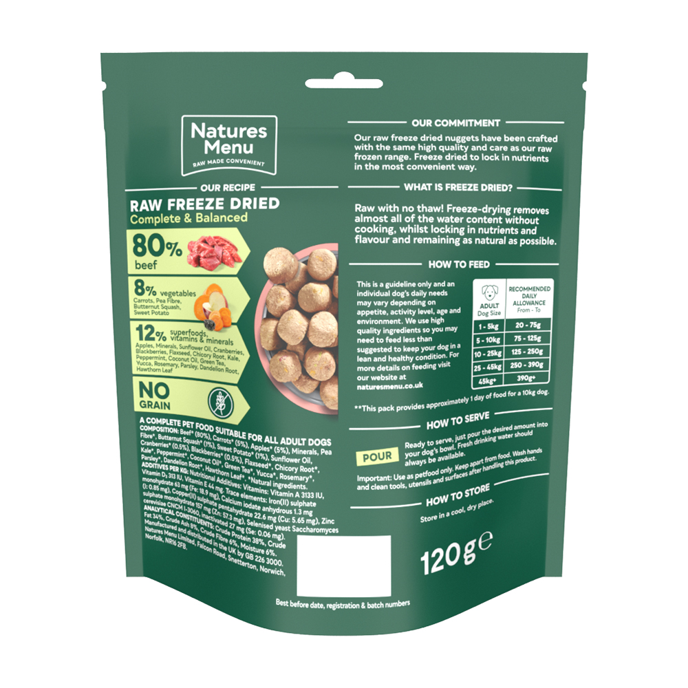 Natures Menu Complete and Balanced 80/20 Raw Freeze Dried Adult Dog Food Beef 120g