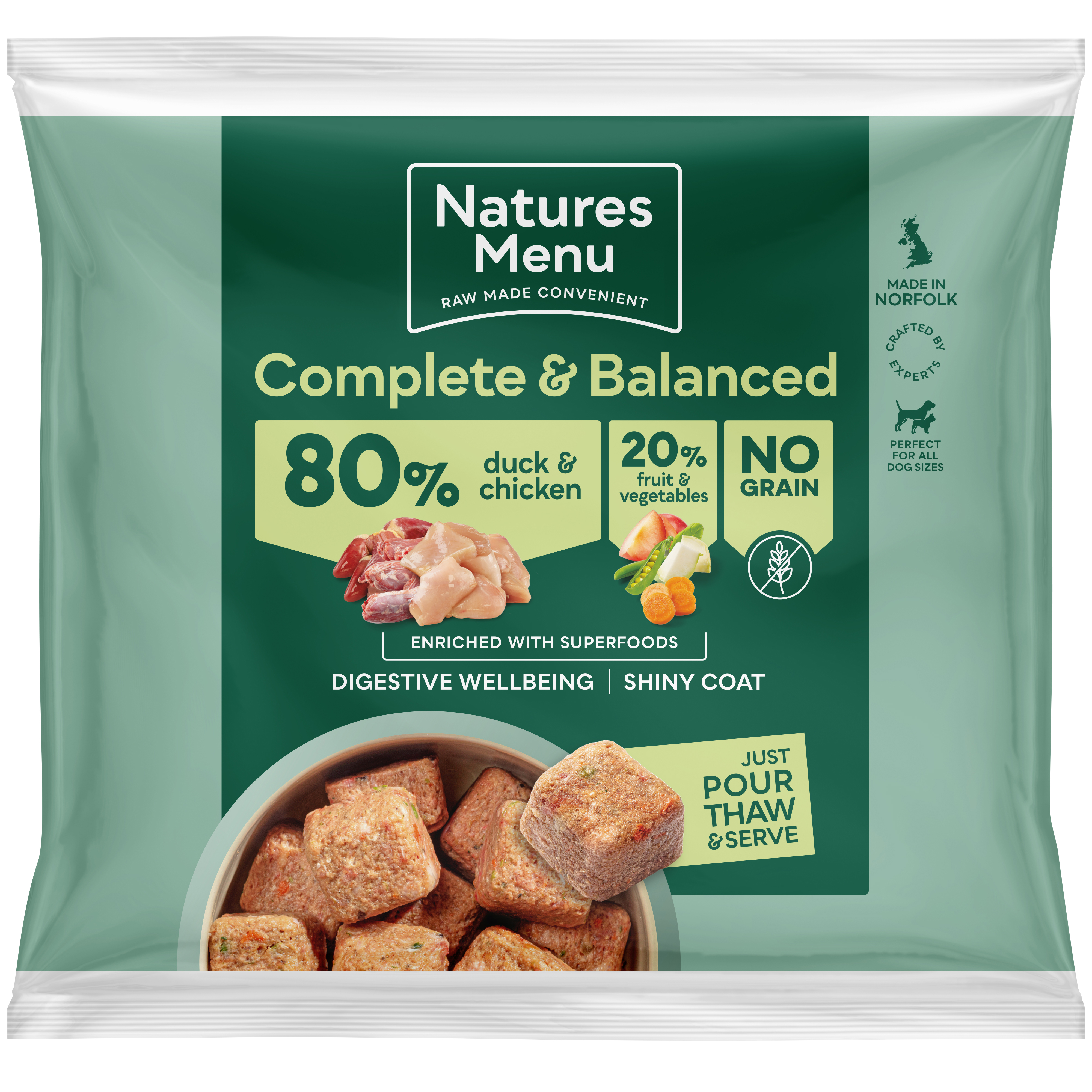 Natures Menu 80/20 Frozen Adult Dog Food Nuggets Duck & Chicken