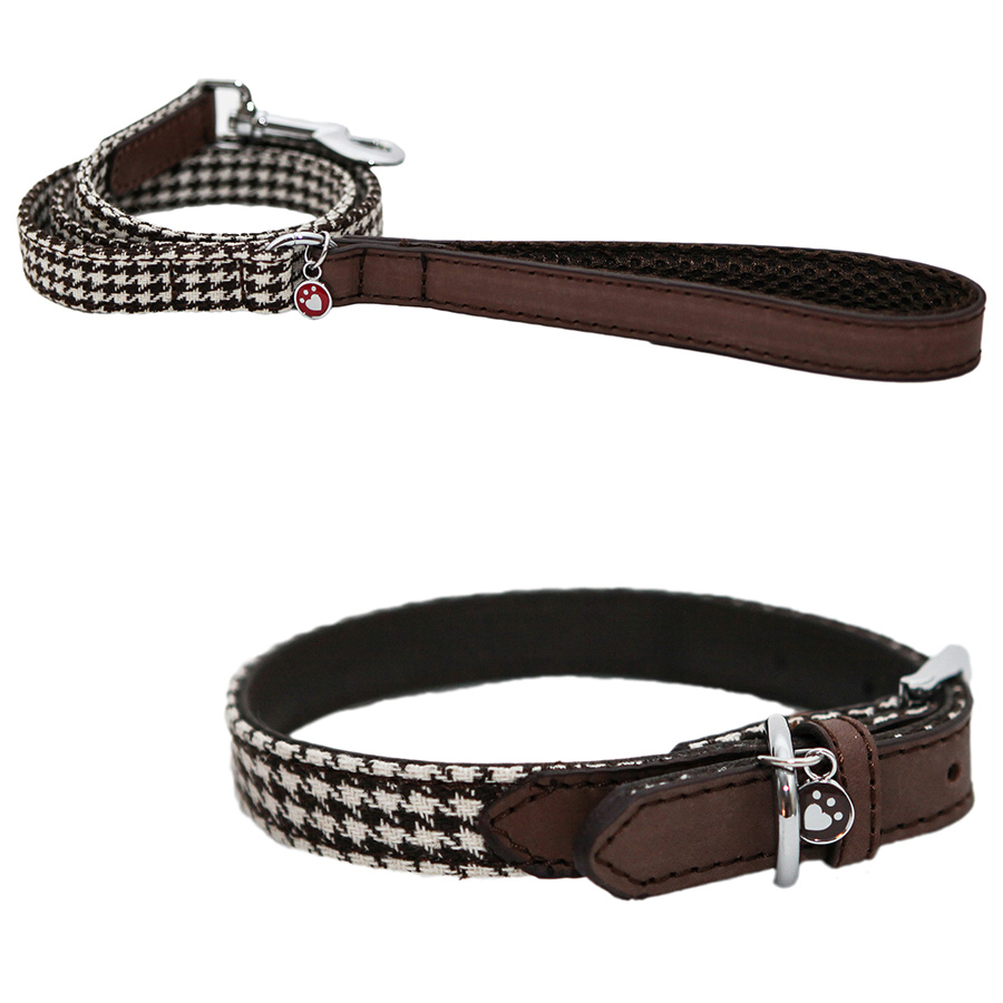 Rosewood Wag n Walk Dog Collar Houndstooth Brown Pets