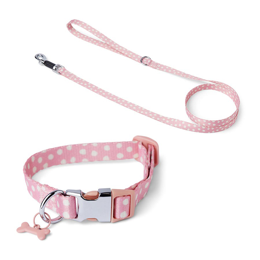 Just For Puppy Spot Collar Lead Set With Bone Charm Pink Pets