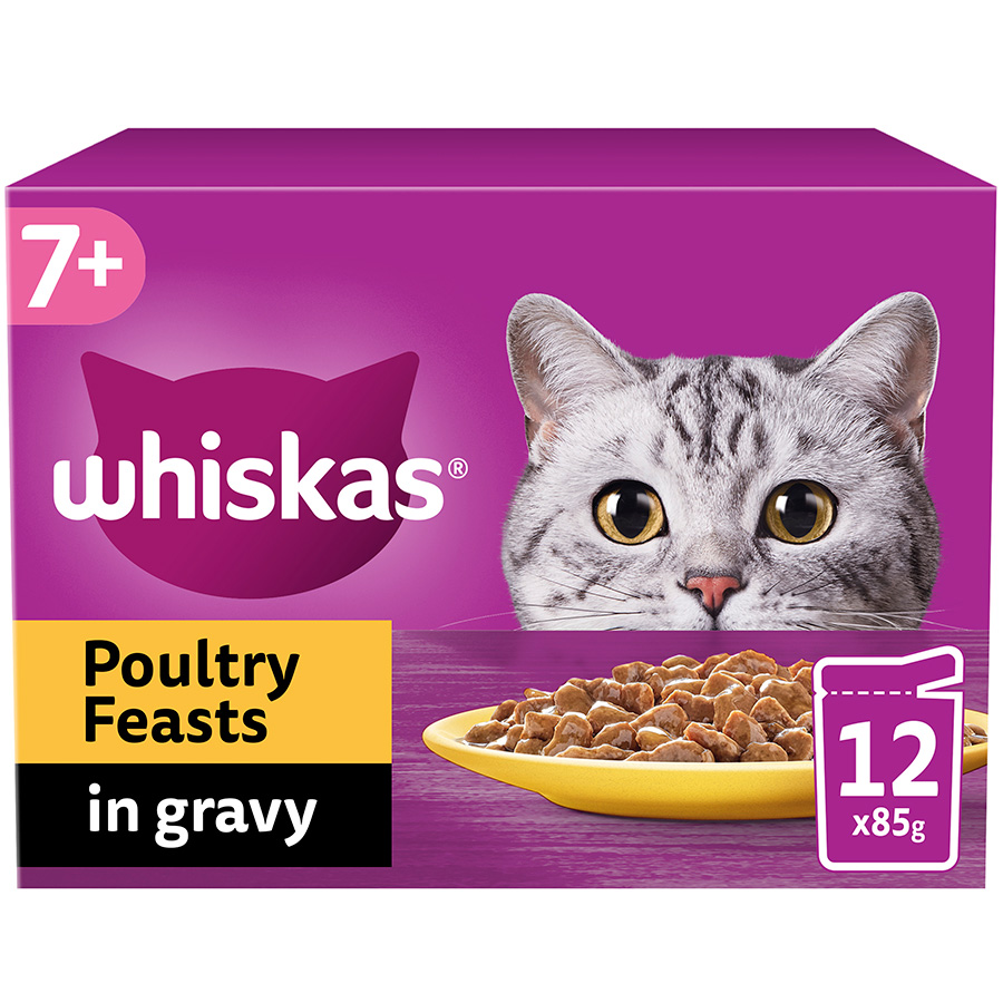 Whiskas Wet 7+ Senior Cat Food Poultry Feasts In Gravy 12X85G Pouches