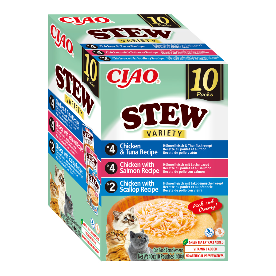 Ciao Adult Wet Cat Food Stew Chicken, Salmon & Scallop Variety