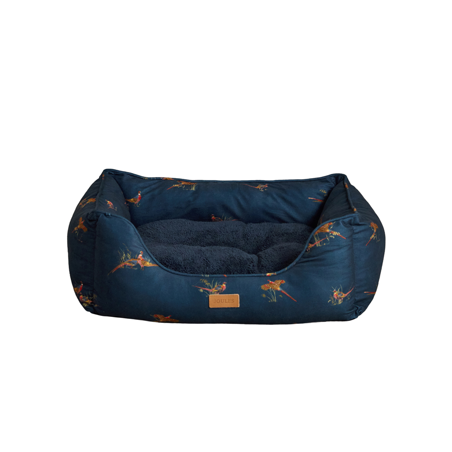 Joules Pheasant Print Box Dog Bed Navy